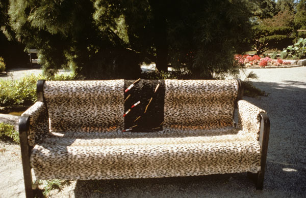 Tyger, Tyger Burning Bright   installation detail/leopard sofa   (Roger Williams Botanical Garden, Providence, Rhode Island)
park bench, fake fur, lipstick cases, wood lipsticks, bullet cases

average size park bench

4-piece installation: $11,000 without park benches; $14,000 (with park benches)