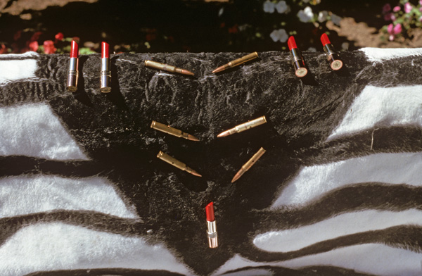 Tyger, Tyger Burning Bright   installation detail/zebra sofa detail   (Roger Williams Botanical Garden, Providence, Rhode Island)
park bench, fake fur, lipstick cases, wooden lipsticks, bullet cases

average size park bench

4-piece installation: $11,000 without park benches; $14,000 (with park benches)