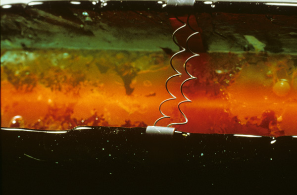 Primordial/Underived I,

closeup of trough, cast glass, liquids, neon, lead