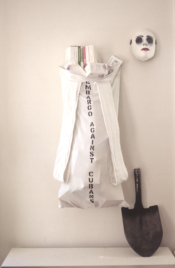 Embargo Against Cubans

cotton pillowcase, ink, medical and other items forbidden to ship by the embargo

dimensions variable

$6900 – reconstructed with some original parts